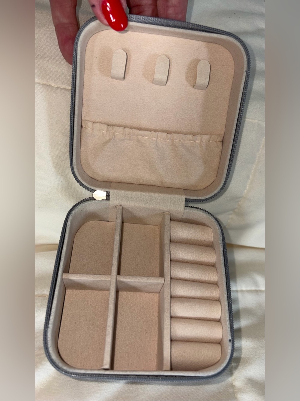 Compact gray Jewelry Organizer Case with Ring Rolls and Compartments